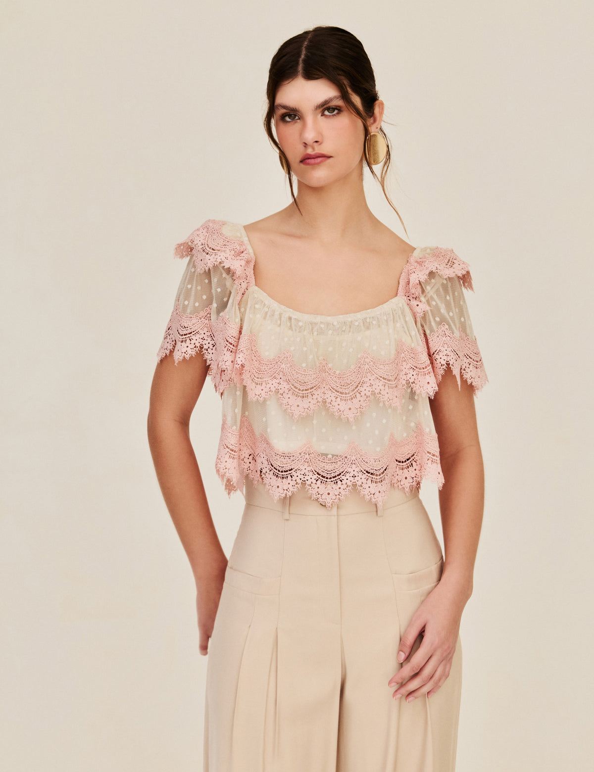 Blusa Tule Poá Renda Moana