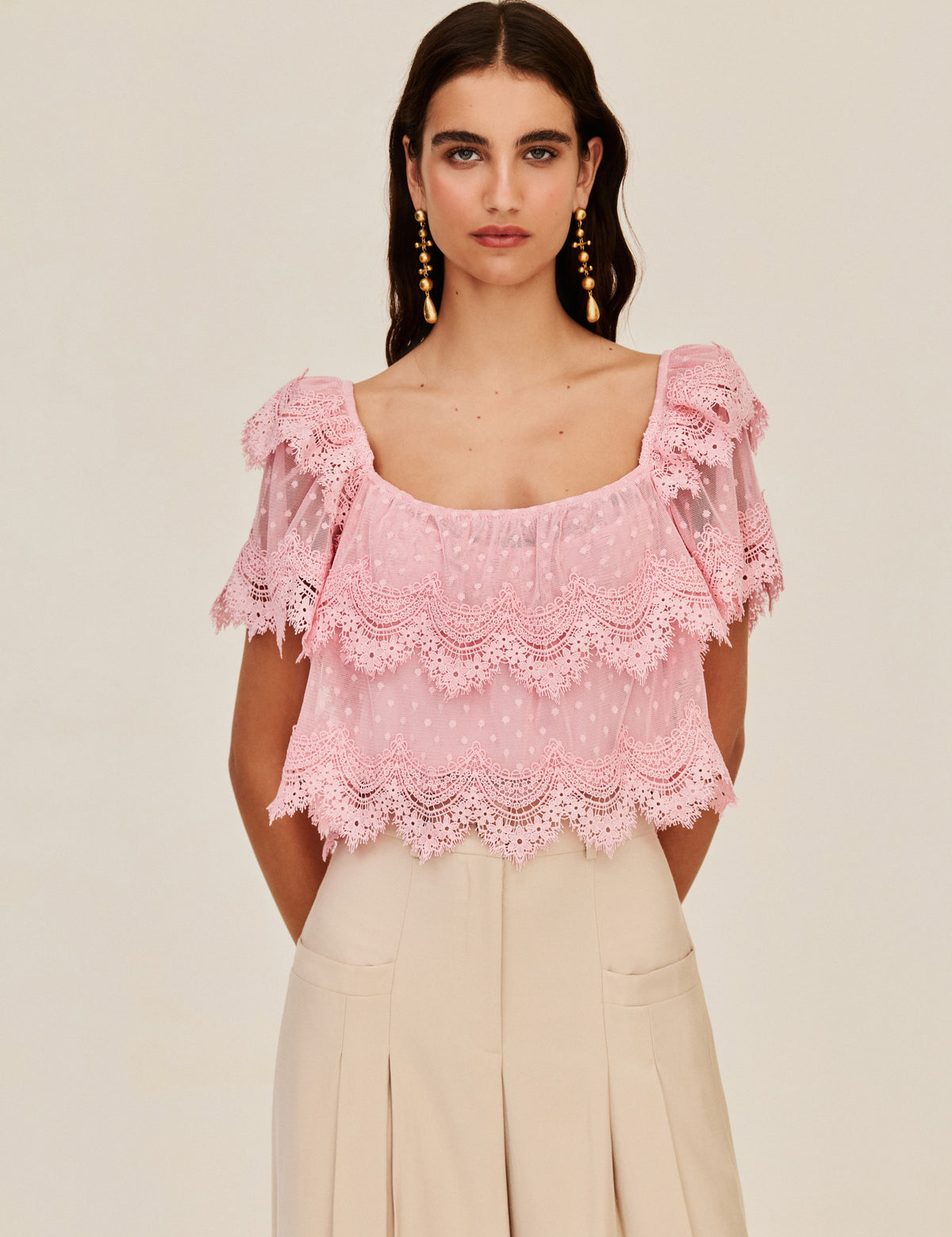 Blusa Tule Poá Renda Moana